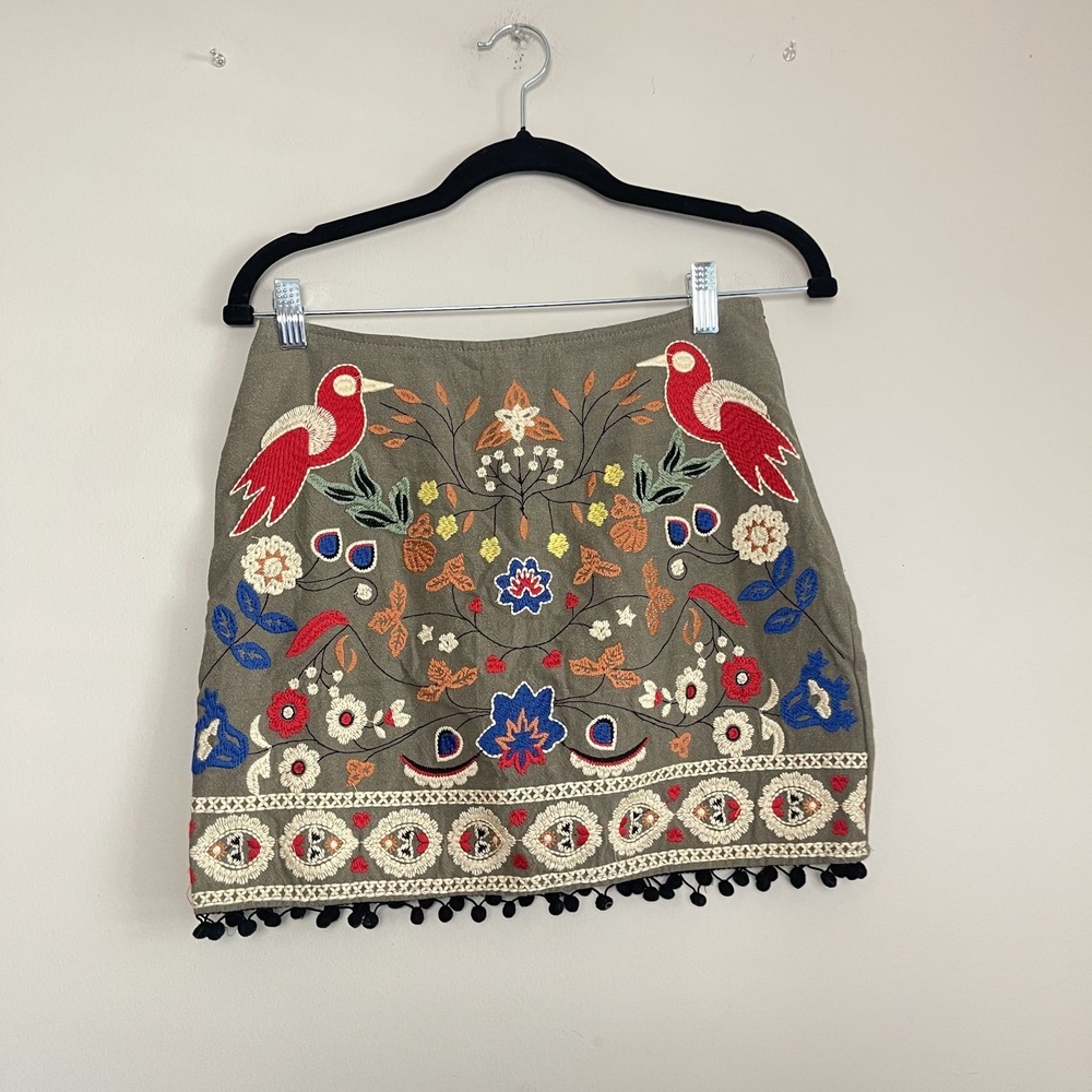 Altar'd State Embroidered Boho‎ Folk Bird Floral Tassel Festival Mini Skirt XS